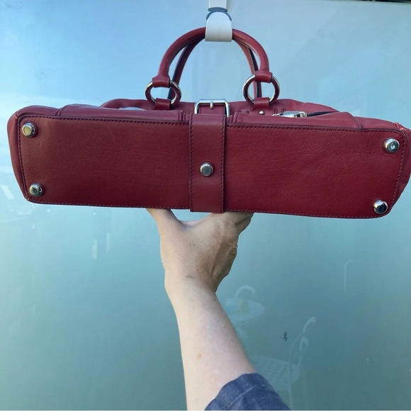 MARC JACOBS Handbag Deep Red Double Pockets Leather Silver Hardware Satchel - Picture 10 of 16